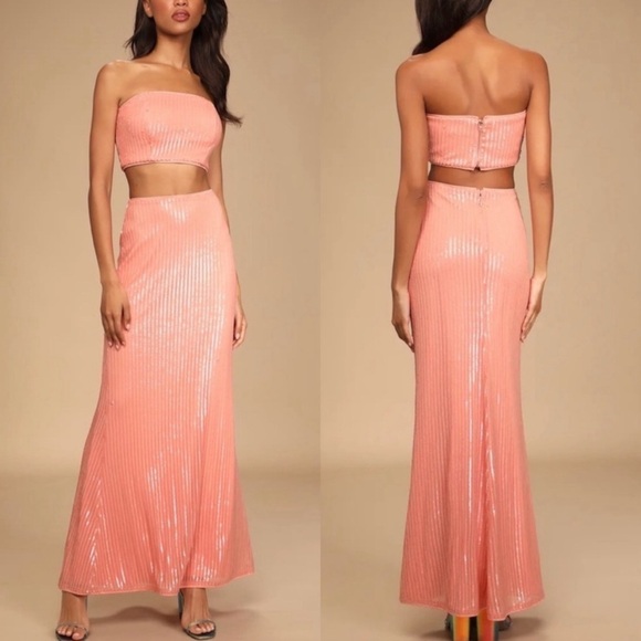 NWT Lulus Spotlight Sparkle Coral Sequin Strapless Two-Piece Maxi Dress - Picture 1 of 6